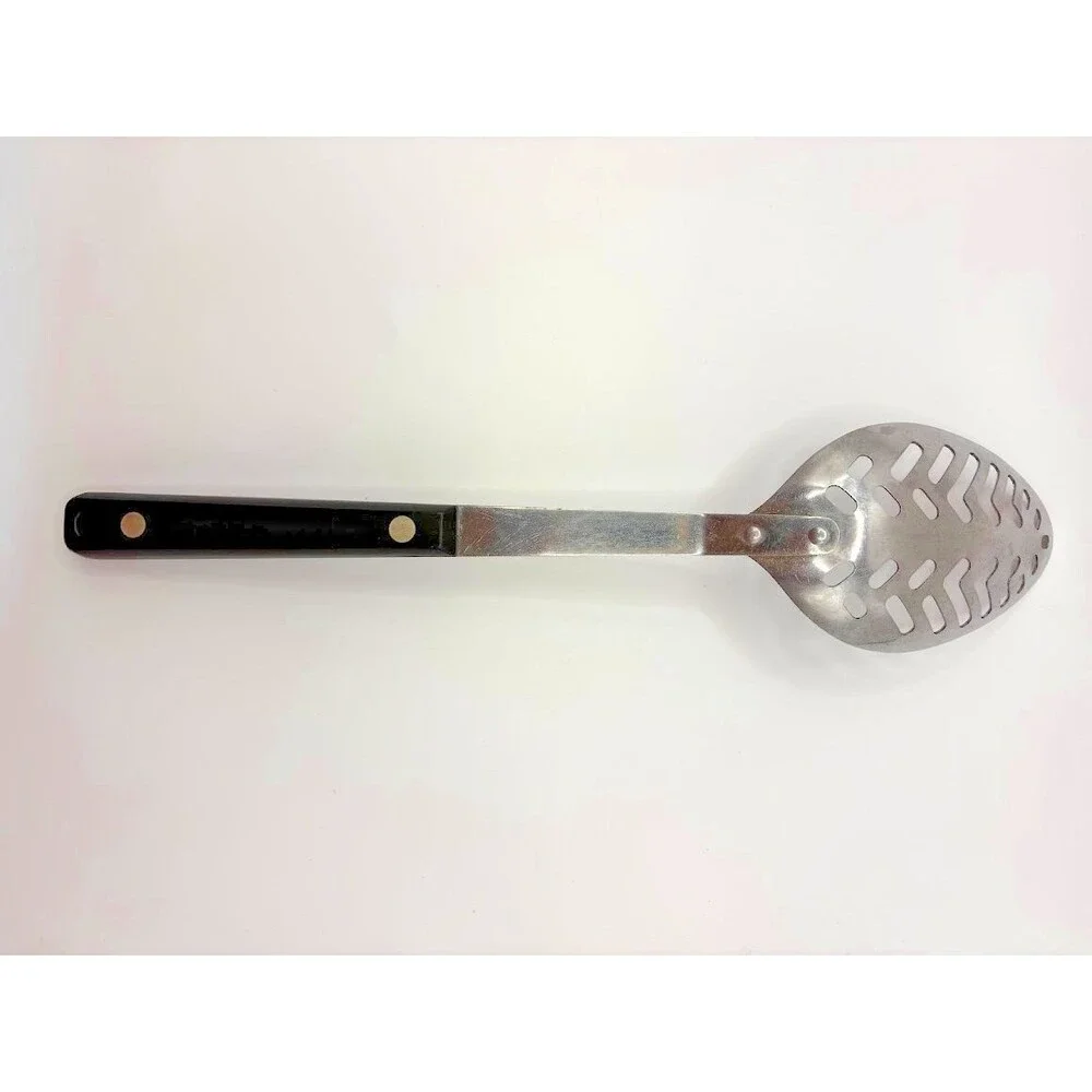 Vintage Flint Stainless Vanadium Slotted Serving Spoon Black Handle USA 11.5